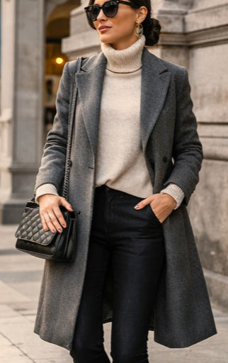 woman in italy wearing a gray wool coat, cream sweater, and dark pants