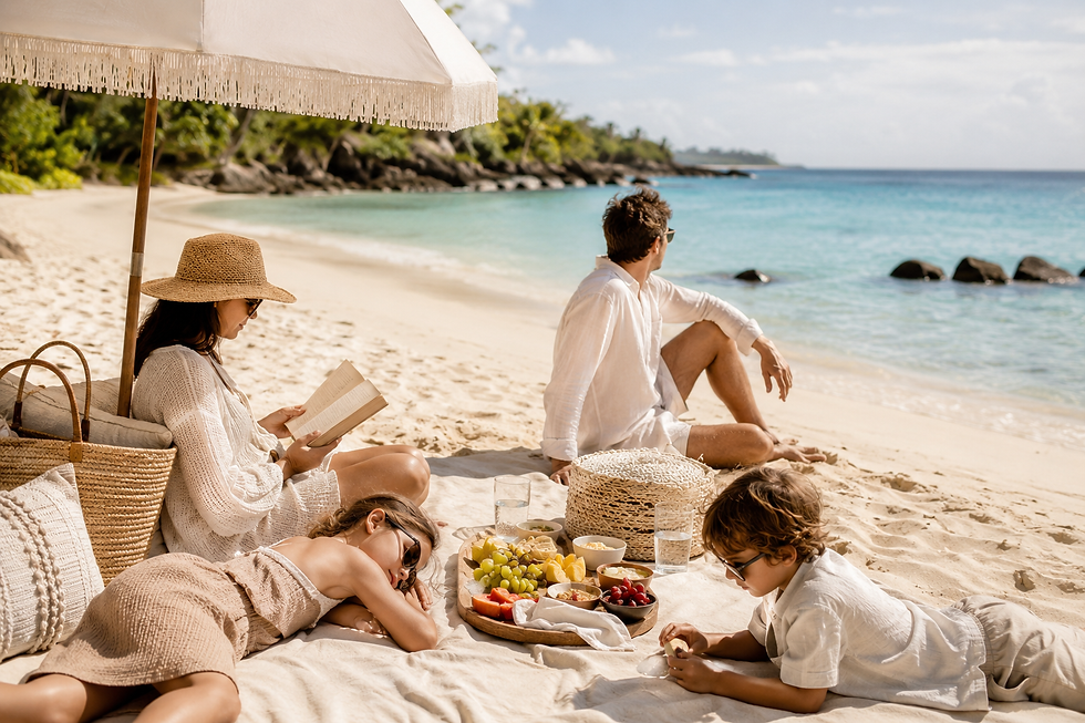 Family relaxes on sunny beach; woman reads under umbrella, man gazes at sea, kids lounge nearby with snacks on blanket. Tranquil vibe.