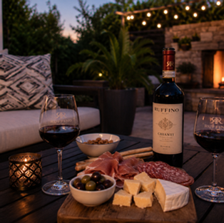 wine and charcuterie on patio with cozy fireplace