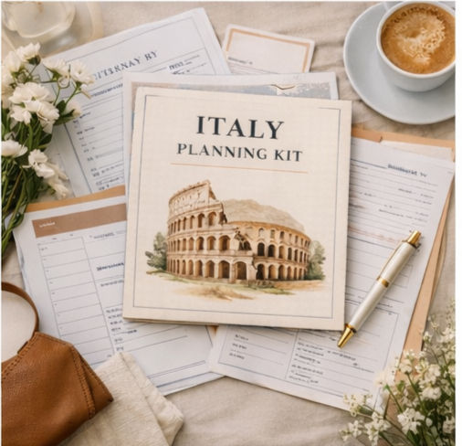 Italy Planning Kit with Colosseum image on a table, surrounded by itinerary sheets, white flowers, pen, cup of coffee, and a bag. Cozy mood.