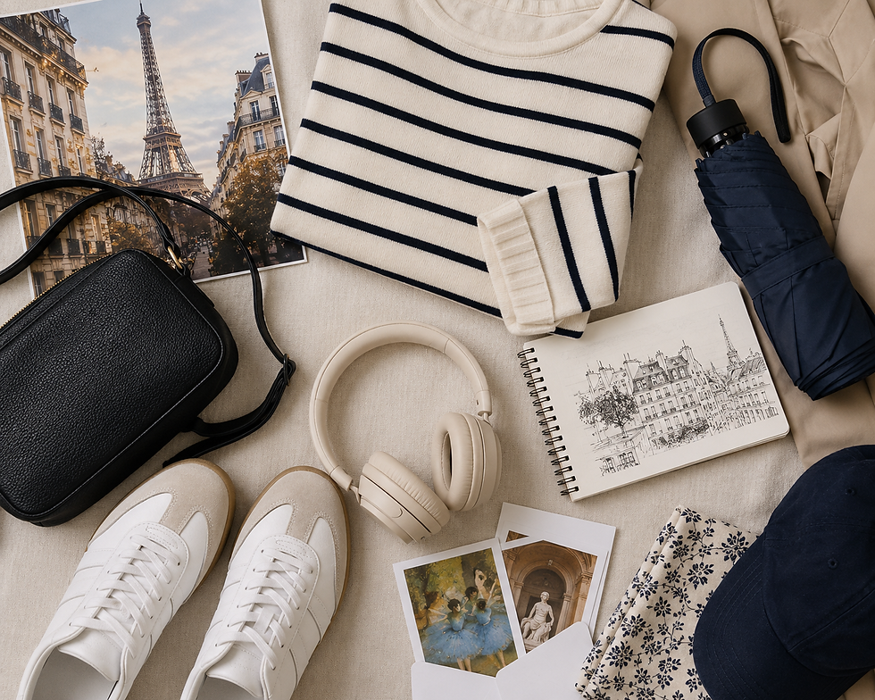 A striped sweater, sneakers, headphones, a black bag, umbrella, and sketches are laid out. Eiffel Tower photo sets a Parisian theme.