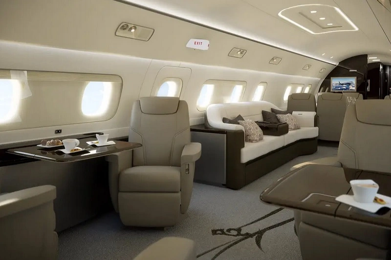 Interior of semi-private jet with spacious seating