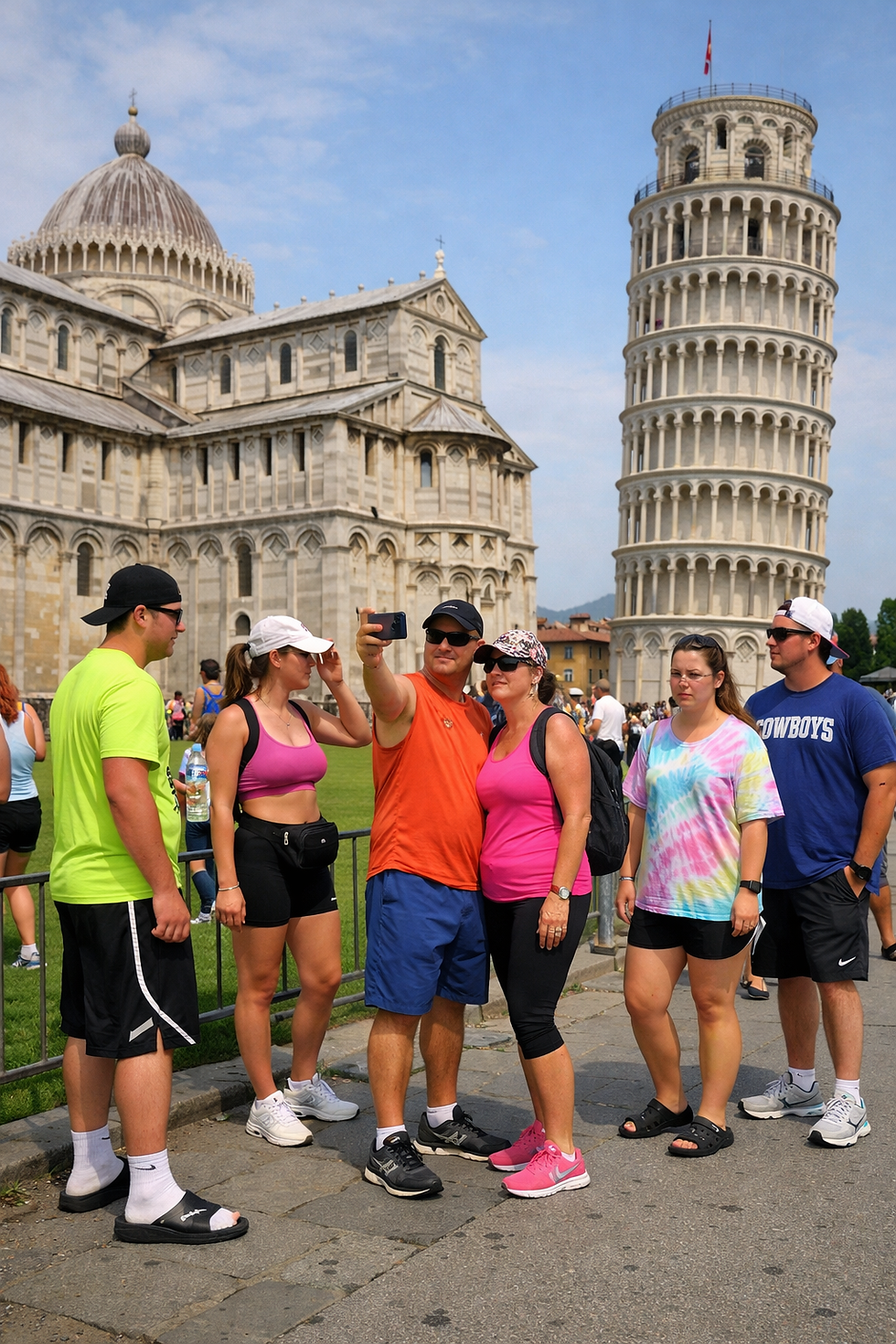 tourists that are overly casual and in athletic wear at the leaning tower of pisa, italy
