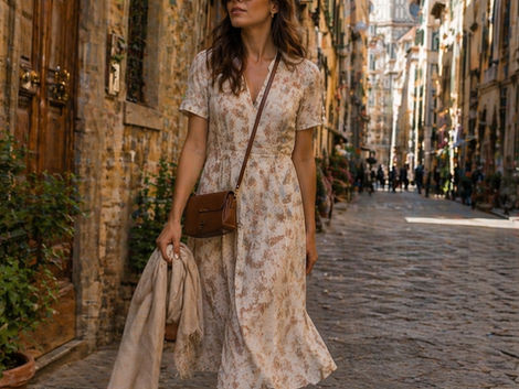 woman in travel dress and cross body bag walking on cobblestone street in italy