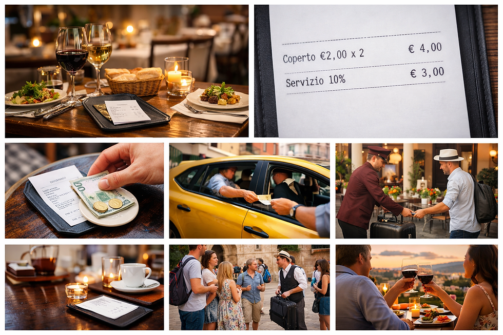 Italian restaurant bill showing coperto and service charges