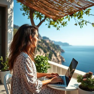 woman planning beach club visit on a terrace in Capri