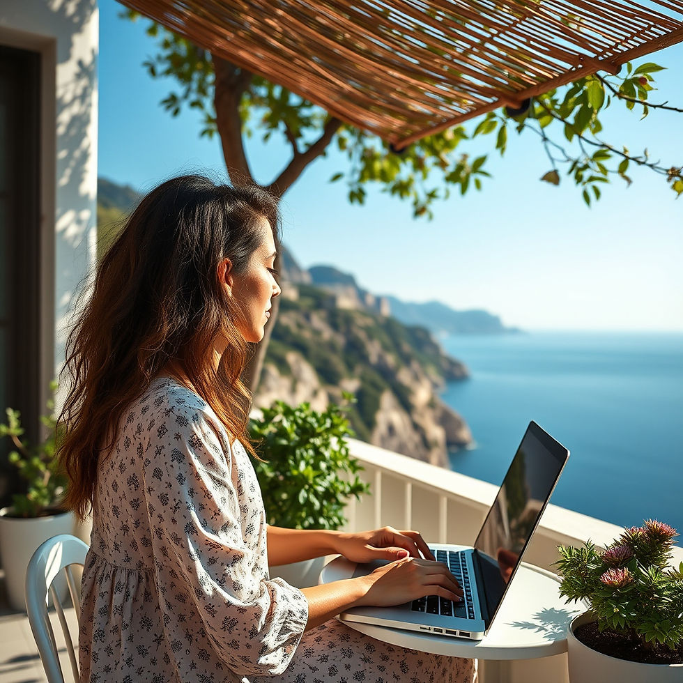 woman planning a capri beach club visit on her computer sitting on a terrace in Capri