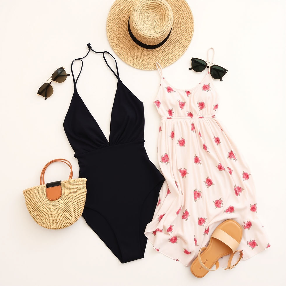A fashion-forward flat lay with a chic one-piece, sundress, raffia bag, sunglasses, woven hat, and elegant sandals styled on a light neutral backdrop.