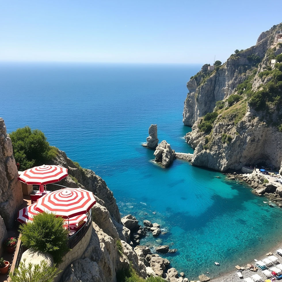 A dramatic Capri coastline scene with striped umbrellas, stone terraces, bright blue water, and a view that feels unmistakably iconic.