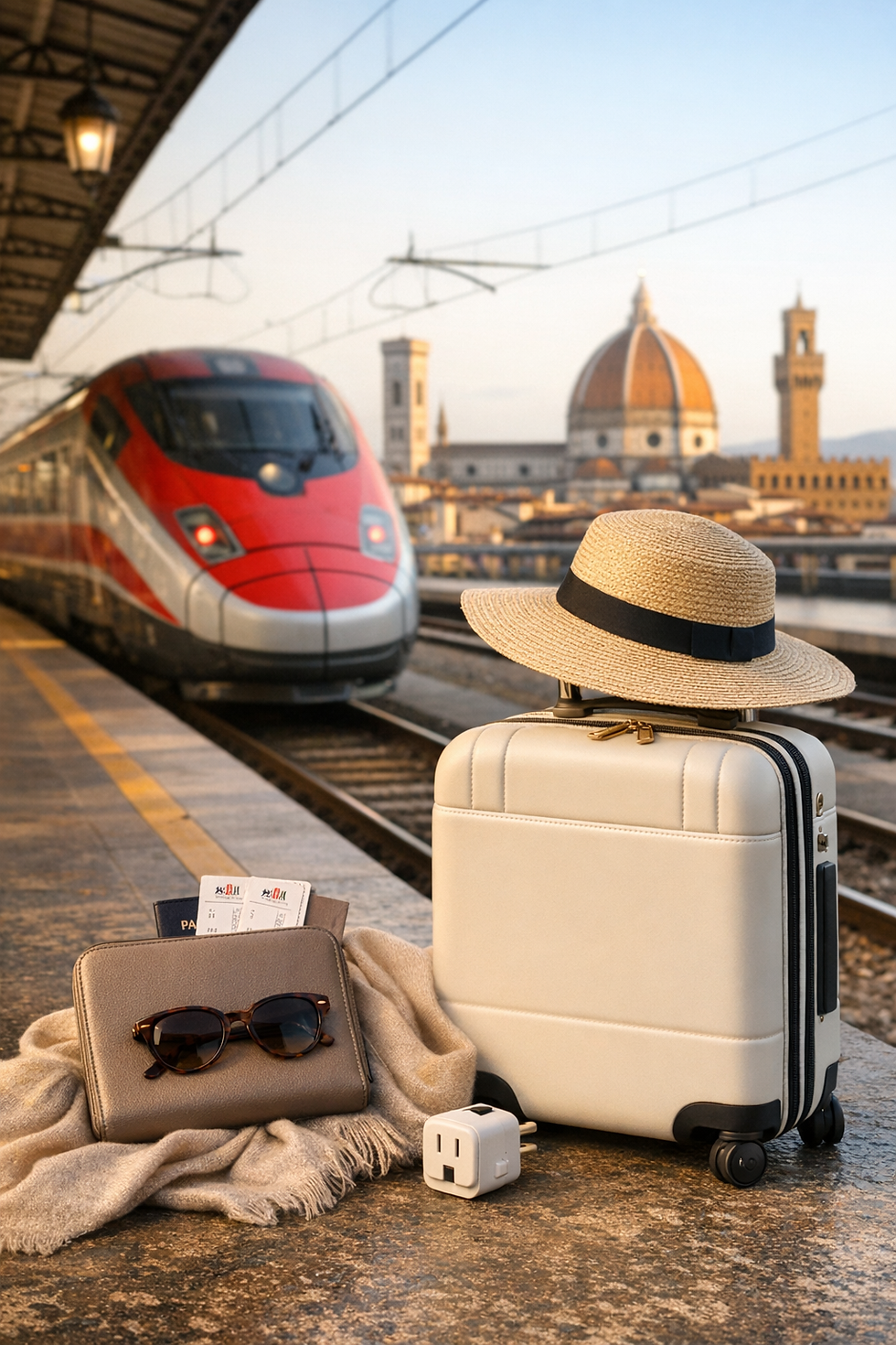 A red train at an Italian station with a suitcase, hat, sunglasses, and travel documents in the foreground. Florence's skyline visible.