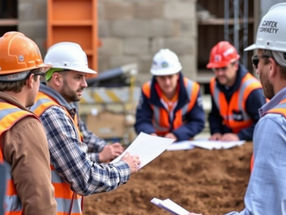 Construction crew gathered in a safety huddle
