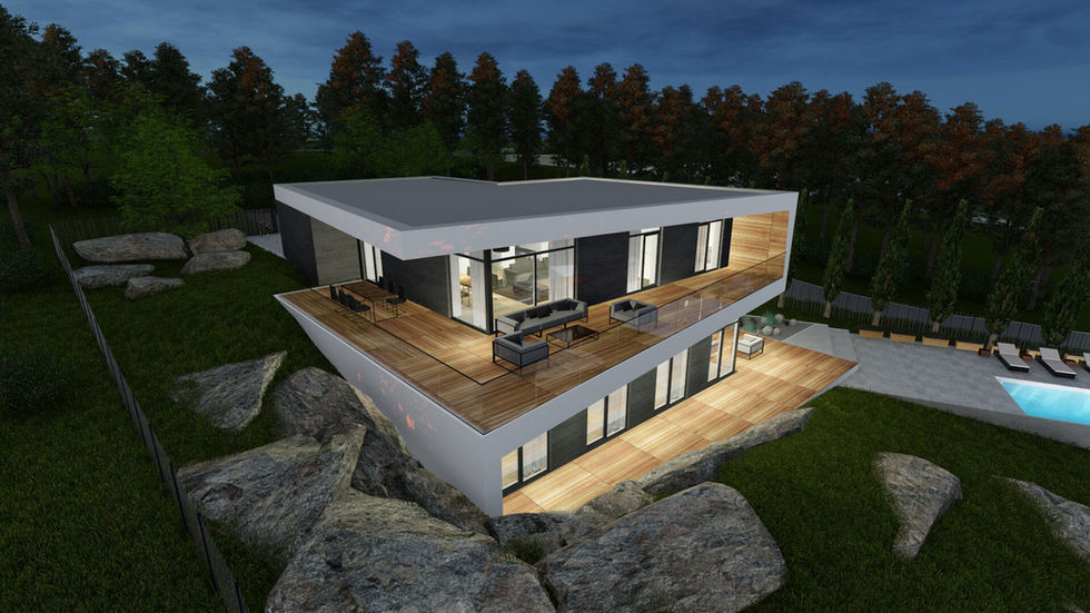 casas modernas campestres de dos pisos perspectiva esquina de noche arquitectos constructores Cali