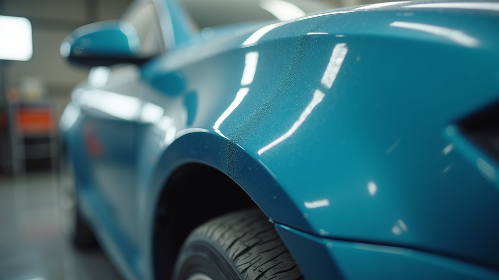 Close-up view of a car being painted in a collision repair shop