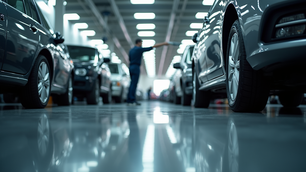 Eye-level view of a collision repair shop with cars being worked on