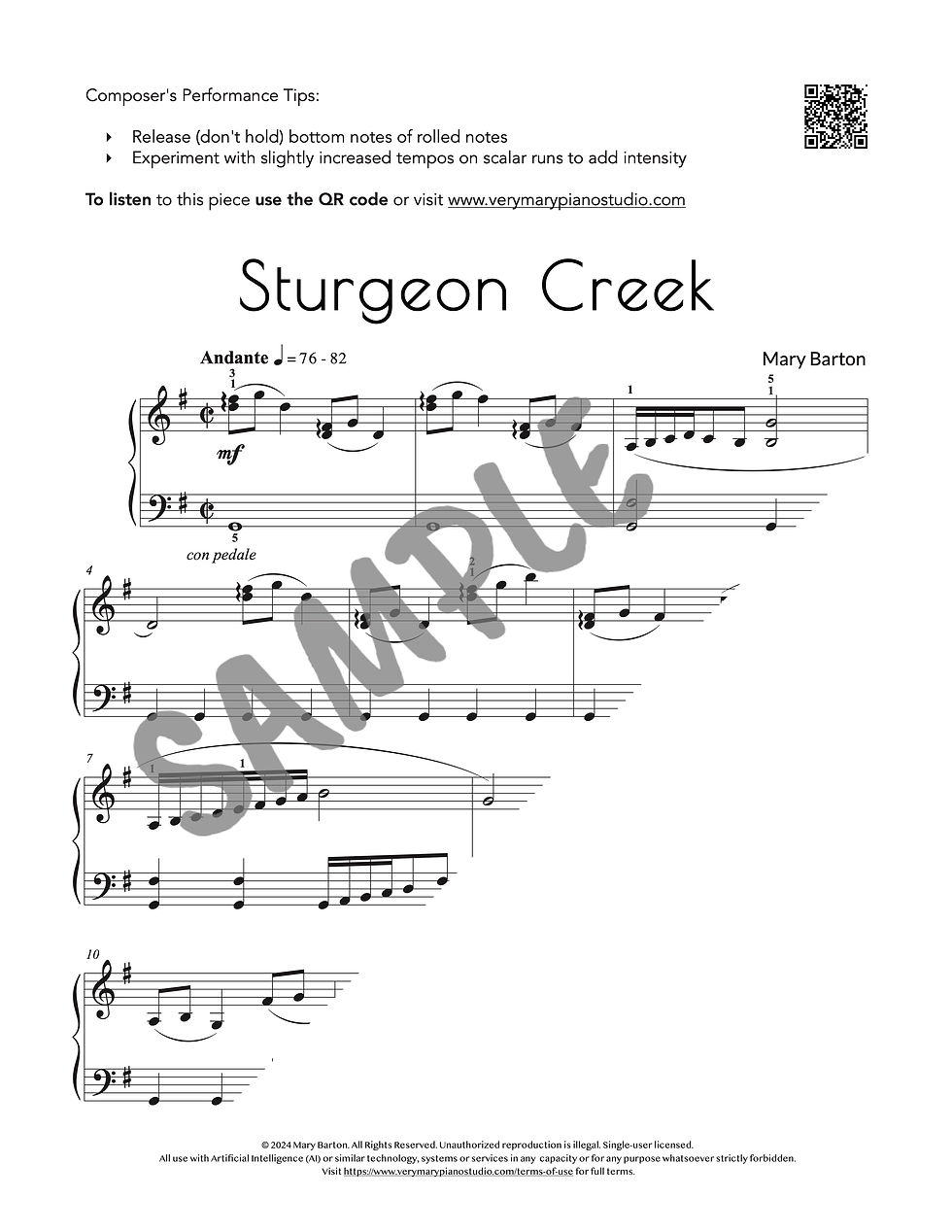 Sample sheet music page for piano solo, Sturgeon Creek