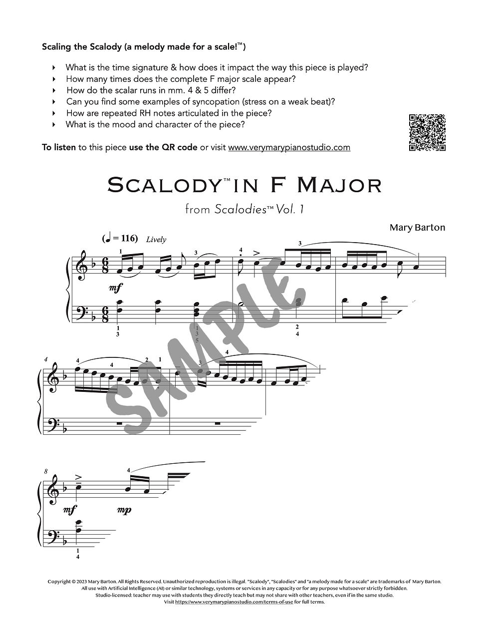 Sample sheet music page of piano etude in F Major