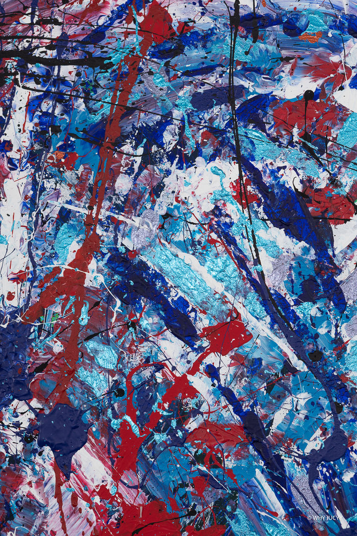 Detailaufnahme von „CHAOS INTO CREATION“ mit roten, blauen, weißen und dunklen Farbschichten und strukturierter Oberfläche.