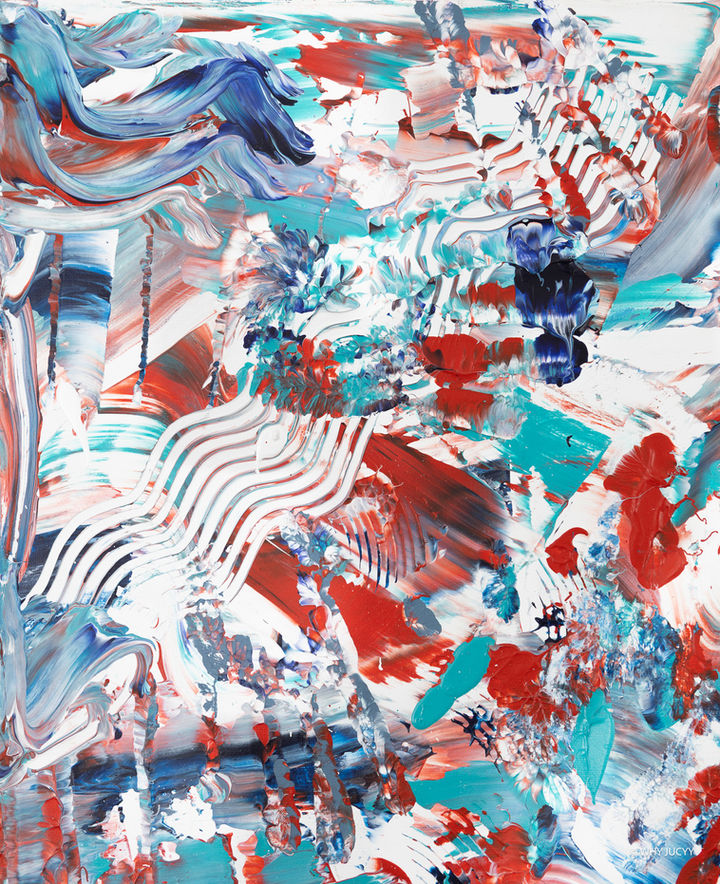 Detailaufnahme von „I'M TRAPPED IN THE CASTLE GARDEN“ mit roten, türkisen, blauen und weißen Spachtelspuren und strukturierter Oberfläche.