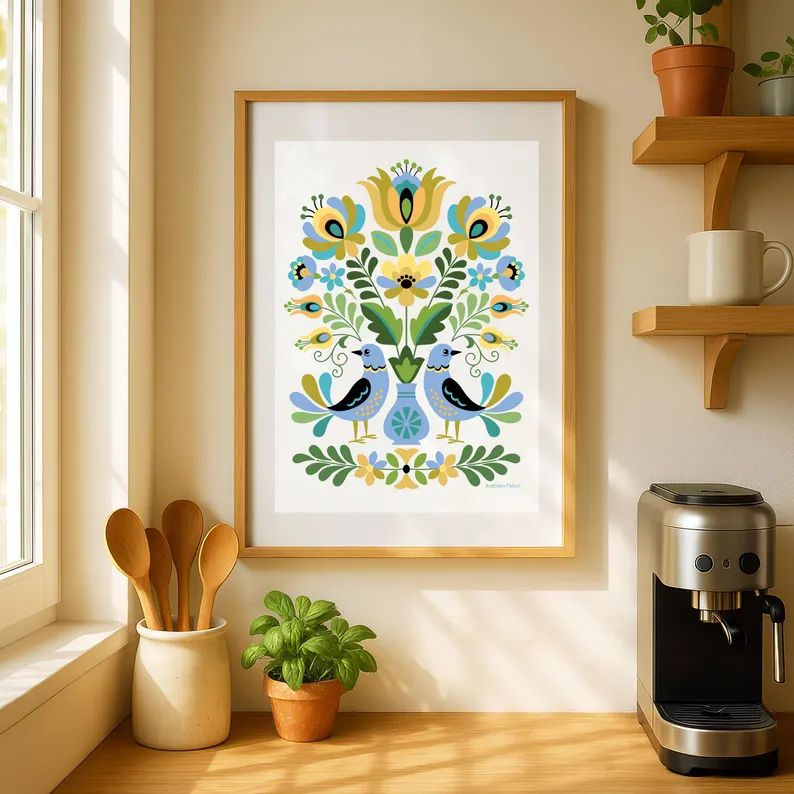 Hungarian Design Birds in Blue and Gold