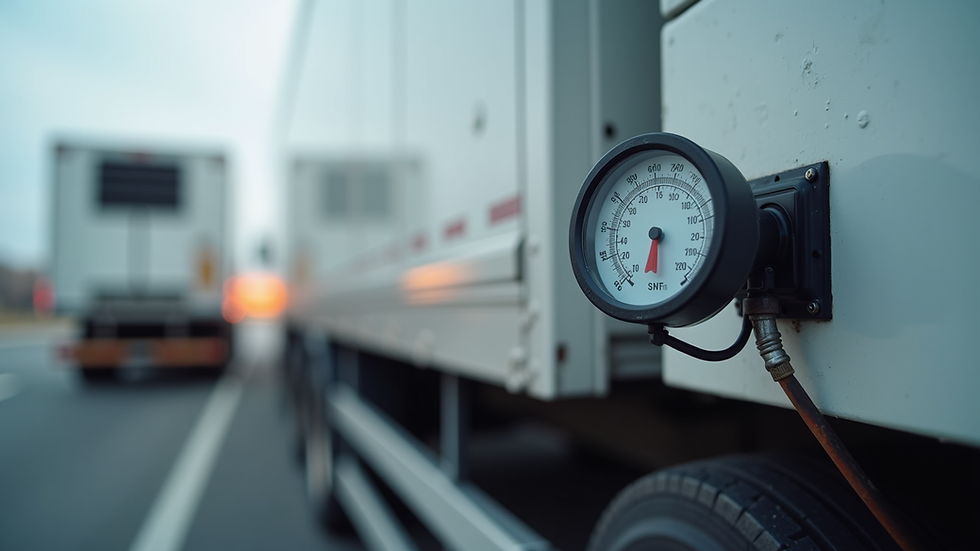 Close-up view of a temperature sensor attached to a refrigerated truck