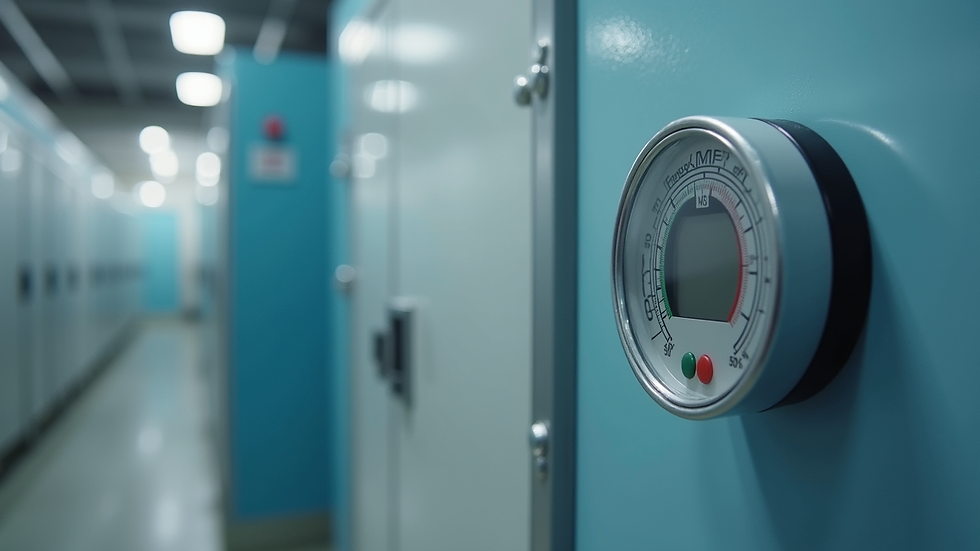 Close-up view of temperature sensor attached to cold storage unit