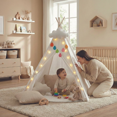 Tiny Land Tienda de campaña tipi para niños con luces de estrella, tienda de campaña plegable para niñas y niños, tienda de campaña lavable para interiores, acogedor rincón de lectura cálido