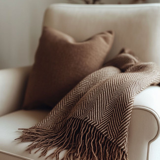 Brown cushion and blanket on a cosy sofa