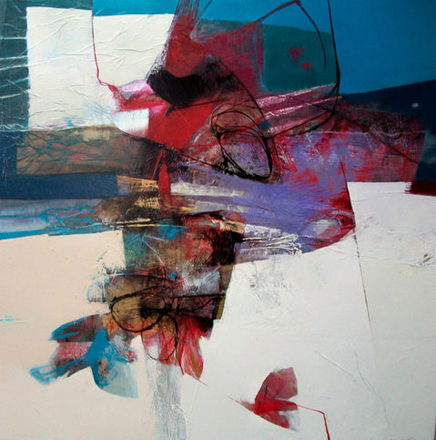 Pintura abstracta con formas rojas y azules sobre fondo blanco, expresión artística.