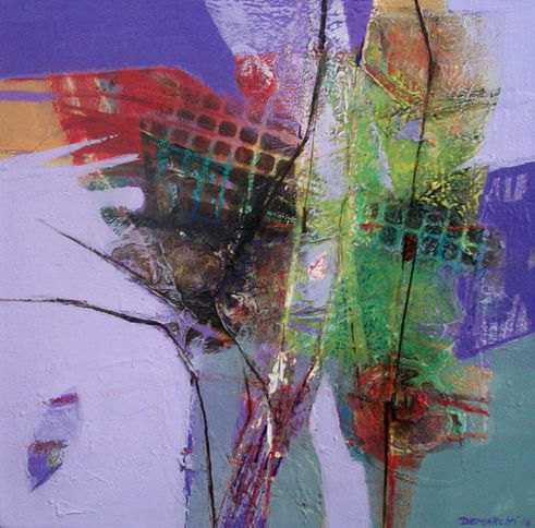 Pintura abstracta con colores vibrantes y formas geométricas, arte contemporáneo.