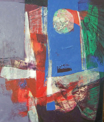 Abstract art with red, blue and green shapes; background and details.