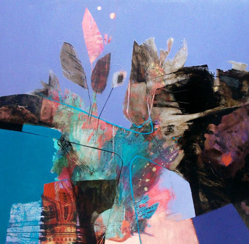 Abstract art of plants, blue sky background, mixed media landscape painting.
