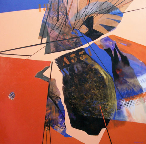 Obra abstracta con formas geométricas, texto A55, colores brillantes y contrastes.