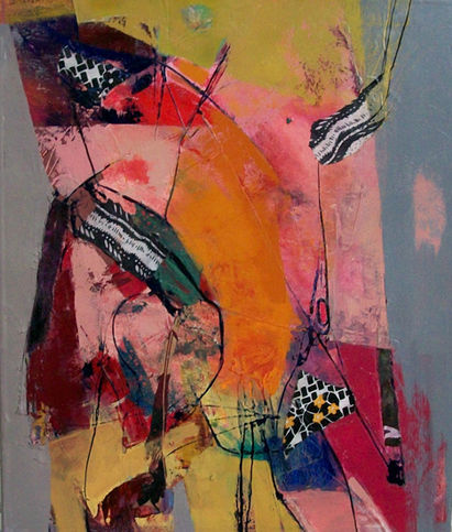 Pintura abstracta con colores vibrantes y formas geométricas sobre fondo gris.