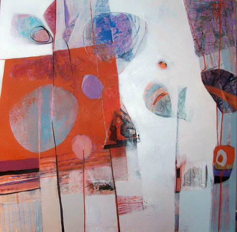 Abstract art with red and purple shapes and lines on white background.