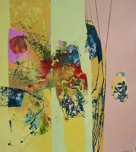 Pintura abstracta con formas geométricas en colores amarillo y rosa, sin texto.