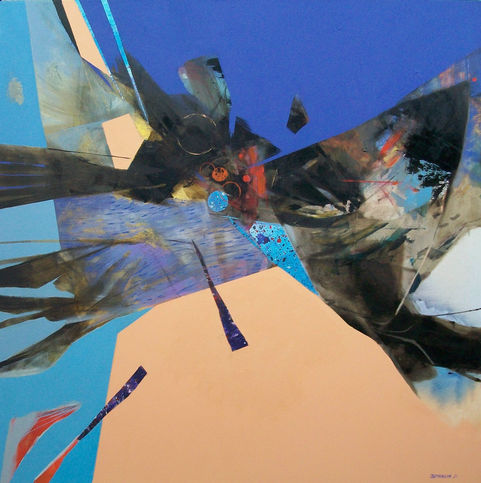 Pintura abstracta con formas geométricas y colores vibrantes, azul, negro, naranja
