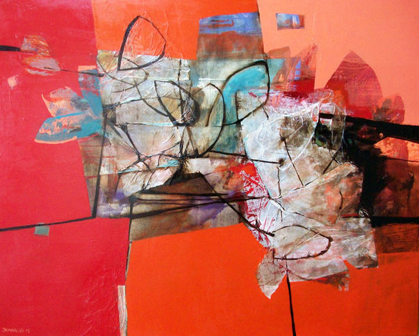 Arte abstracto vibrante; formas y colores contrastantes, rojo y naranja, pintura al óleo.
