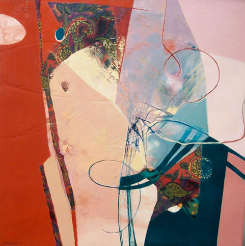 Arte abstracto con formas rojas y azules, líneas curvas y elementos orgánicos.