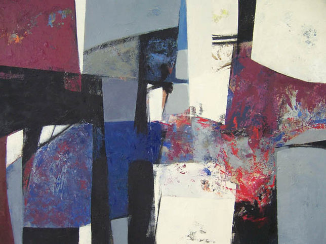 Pintura abstracta con formas geométricas en colores oscuros y claros, 2012.