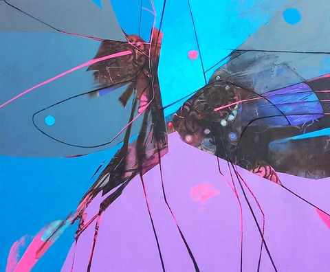 Arte abstracto con formas geométricas y colores vibrantes sobre fondo azul.