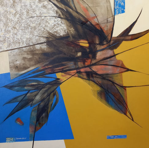 Pintura abstracta con formas geométricas, azul, amarillo y negro. Fondo crema.