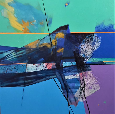 Pintura abstracta con colores turquesa, azul y morado, con líneas diagonales.