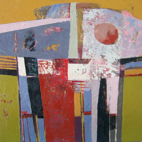 Pintura abstracta con formas geométricas, rojo, blanco y azul, fondo amarillo.