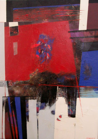 Abstract painting with red and blue shapes, mixed media composition, modern art.