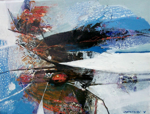 Pintura abstracta con salpicaduras de colores, obra de arte, lienzo blanco y azul.