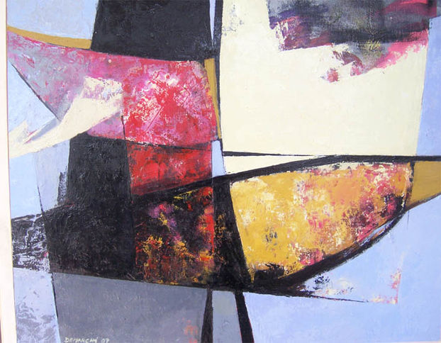 Pintura abstracta con formas geométricas, colores vibrantes y textura, fondo azul.