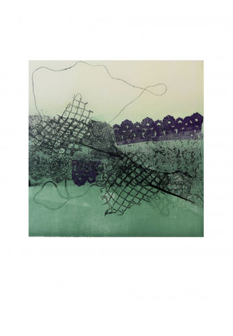Arte abstracto con red sobre fondo verde y morado, con detalles.