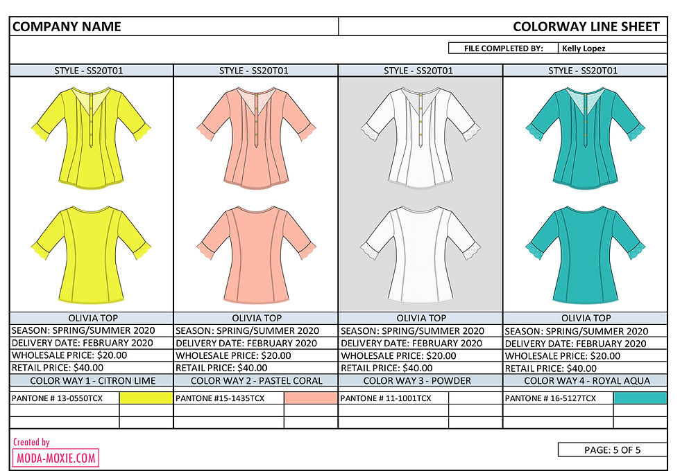 fashion design line sheet