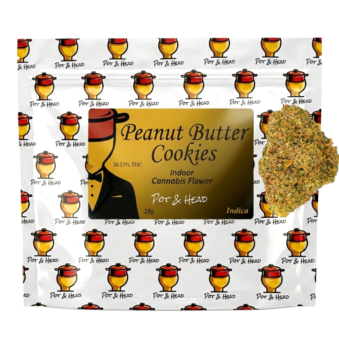 Pot & Head Peanut Butter Cookies 28g indoor cannabis flower bag with nutty sweet profile and relaxing effects, 26% THC