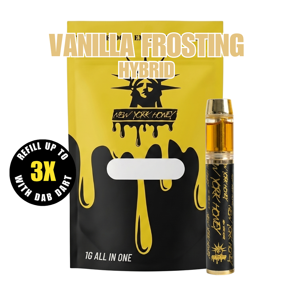 Thumbnail: New York Honey Vanilla Frosting hybrid 1g all-in-one vape and yellow-black bag, refillable up to 3x with Dab Dart.